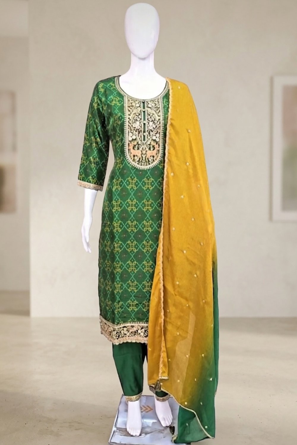 Olive Green & Beige Printed Kurta Set with Dupatta - Image 2