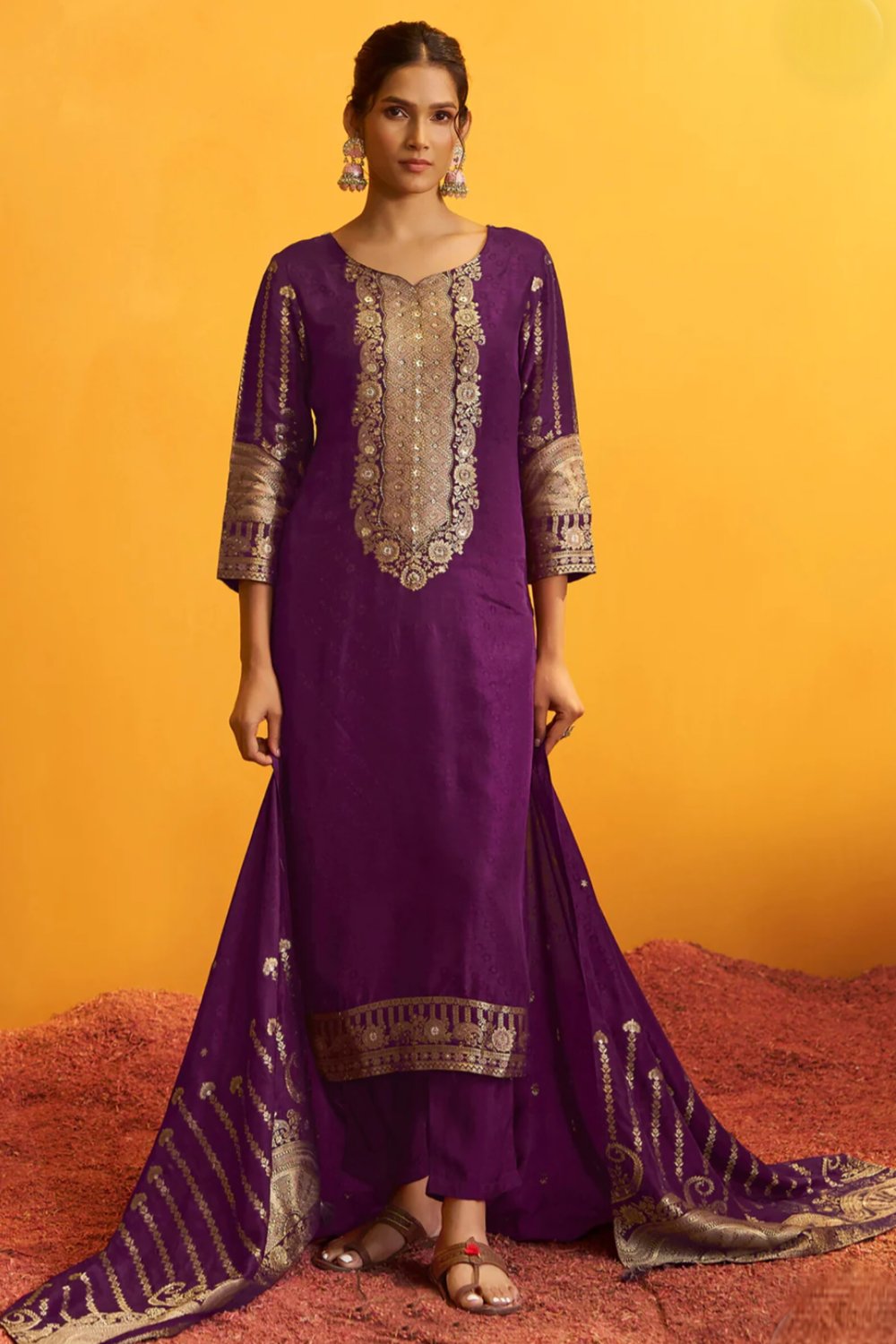 wine-russian-jacquard-silk-suit-set