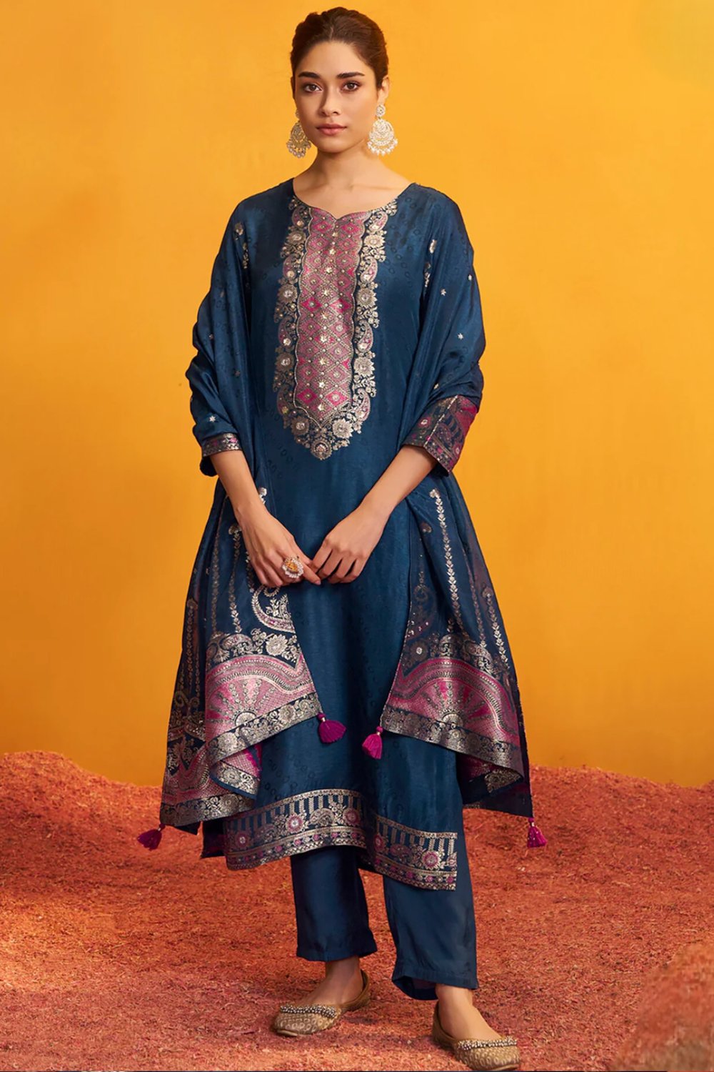 blue-russian-jacquard-silk-suit-set