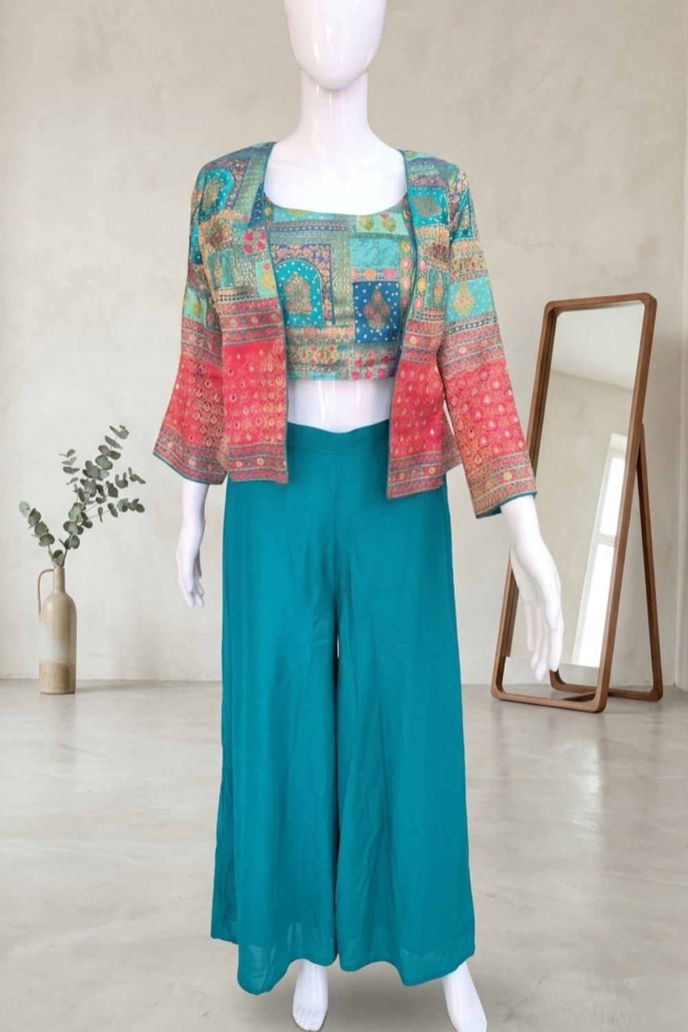 Flared Palazzo, Blouse & Short Jacket Indo Western Outfit - Image 2