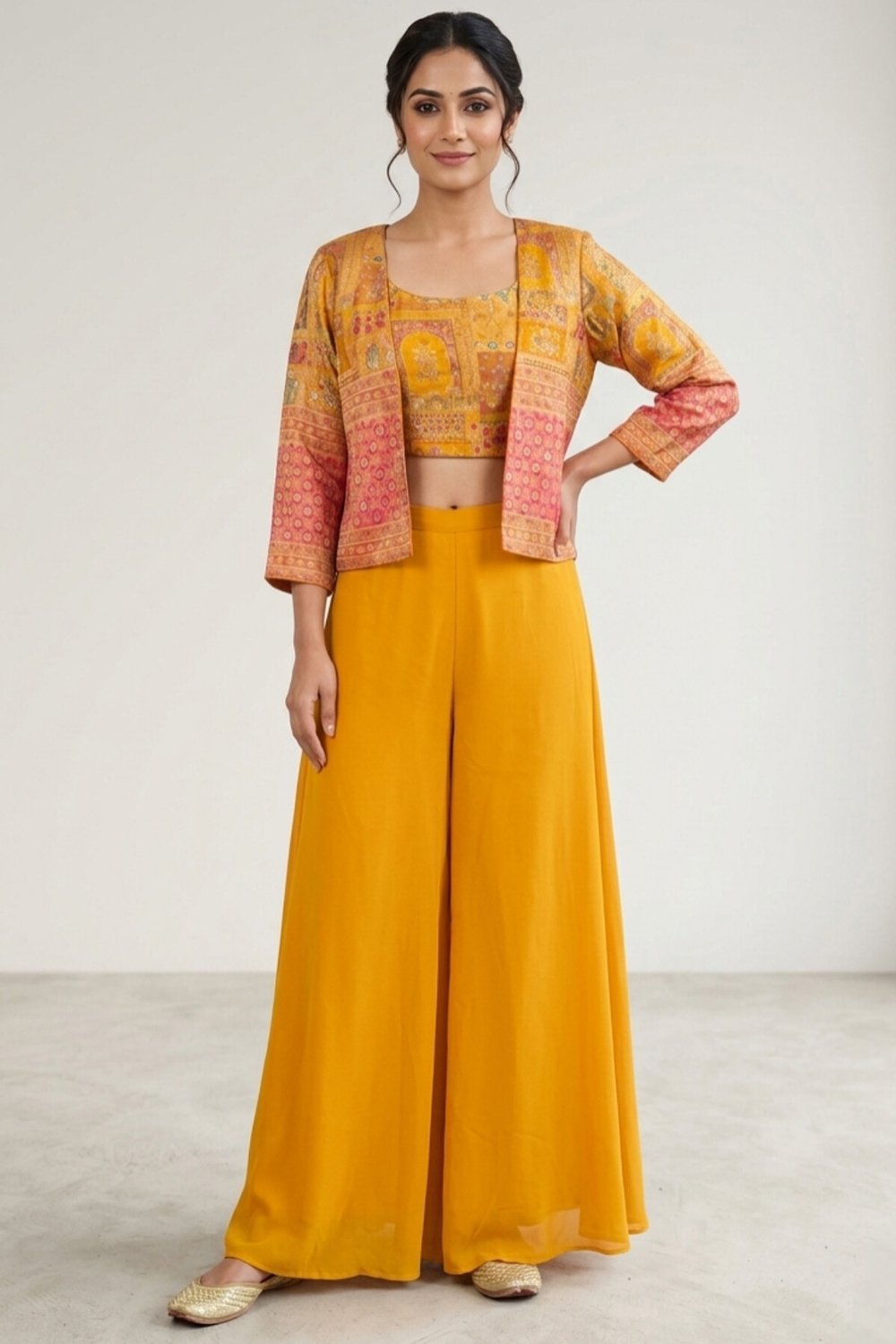 yellow-flared-palazzo-blouse-short-jacket