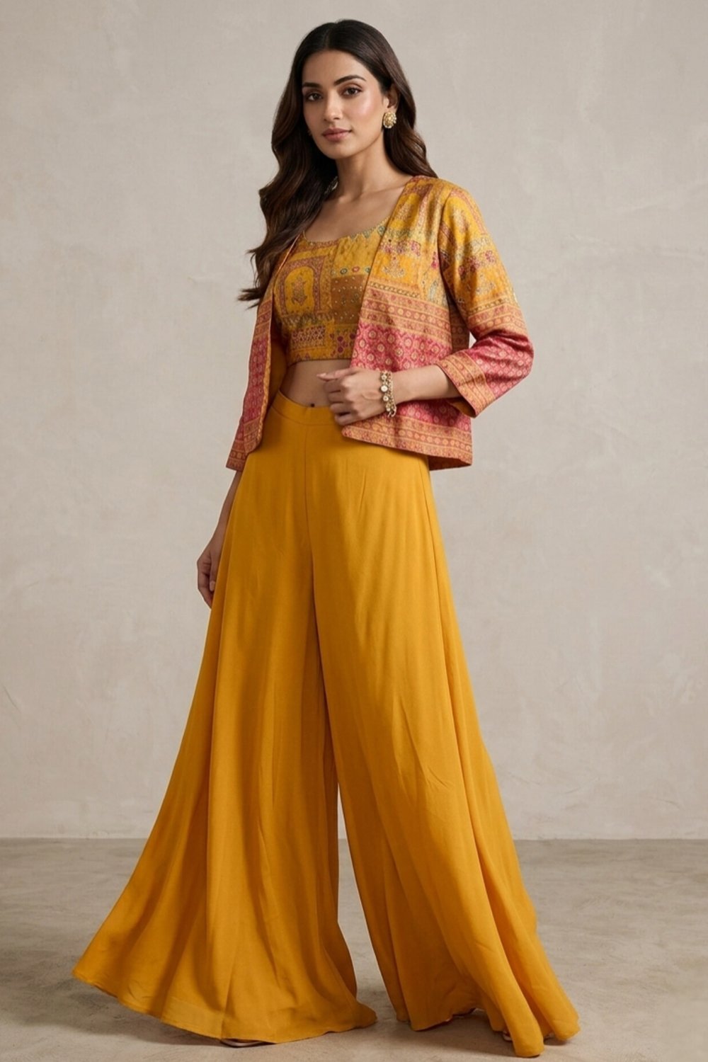 Yellow Flared Palazzo, Blouse & Short Jacket - Image 2