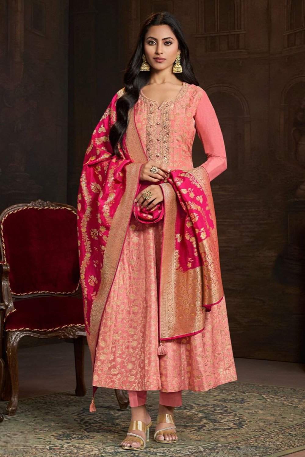peach-banarasi-silk-anarkali-suit