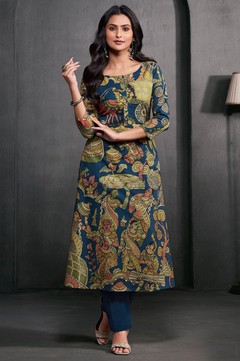 teal-kalamkari-print-kurta-set