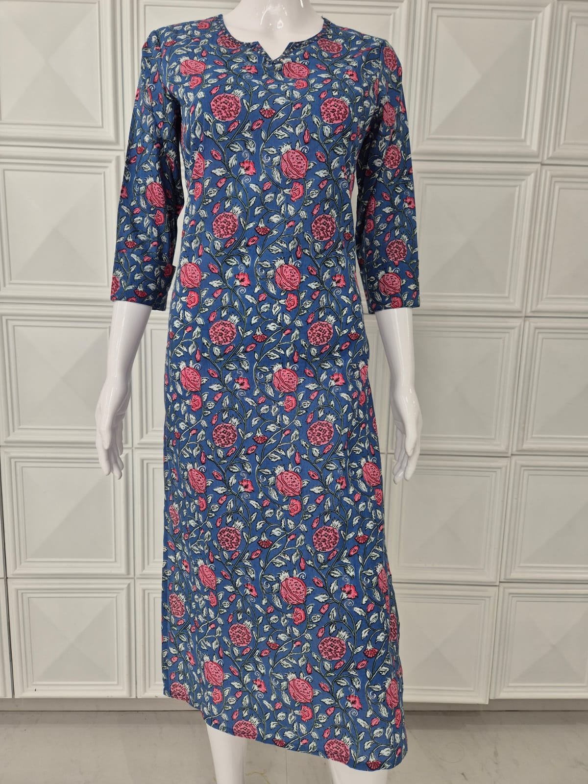 blue-cotton-kurti-with-maroon-floral-print