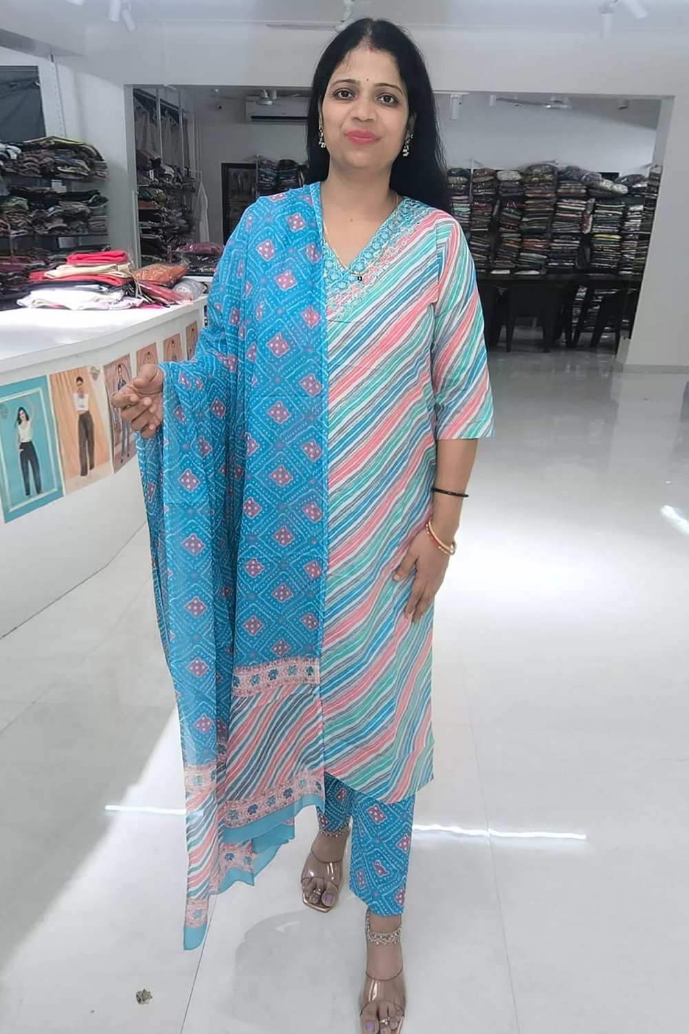 Blue Cotton Leheriya Suit (Kurti,Bottom & Dupatta) - Image 2