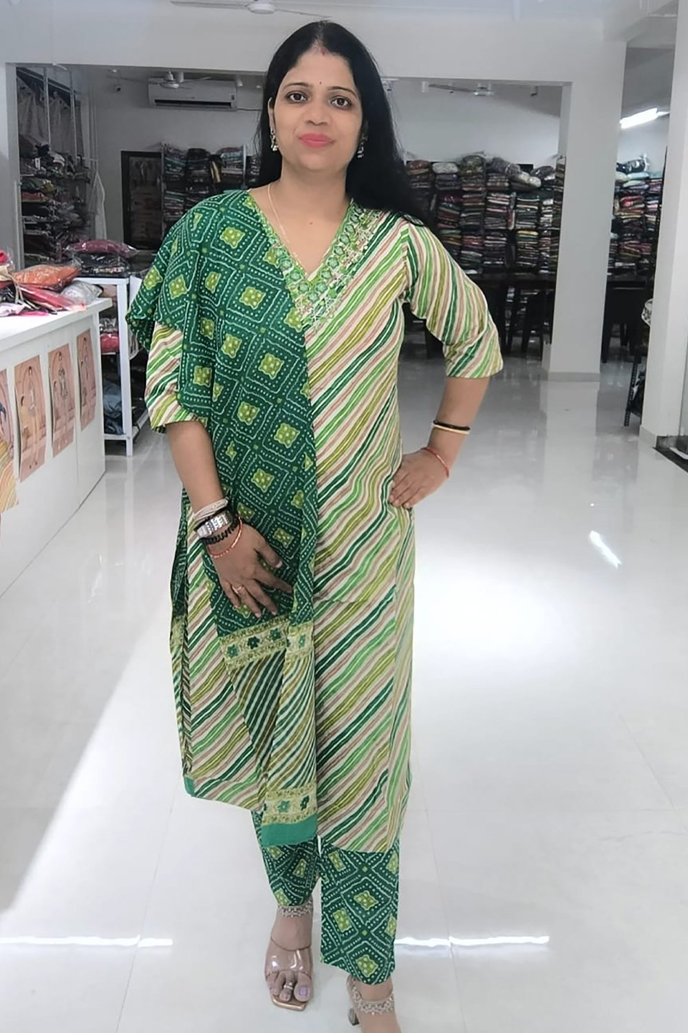 green-cotton-leheriya-suit-kurti-bottom-dupatta