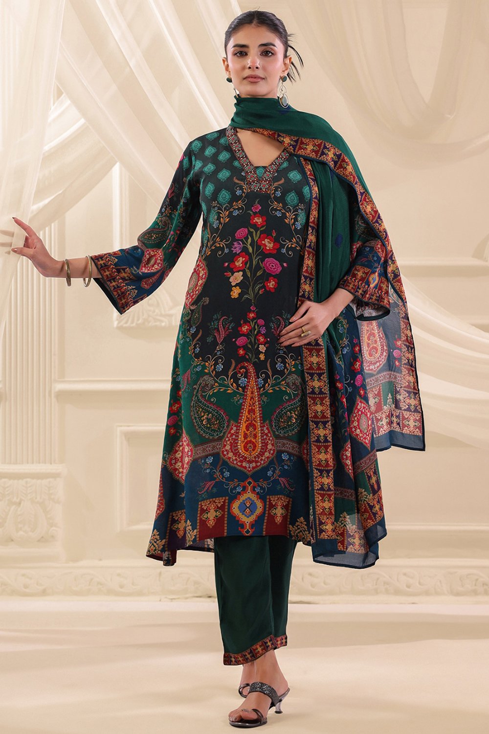 bottle-green-viscose-crepe-suit-set