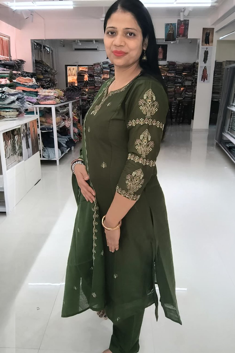Dark Olive Green Pure Cotton Aline Suit - Image 2