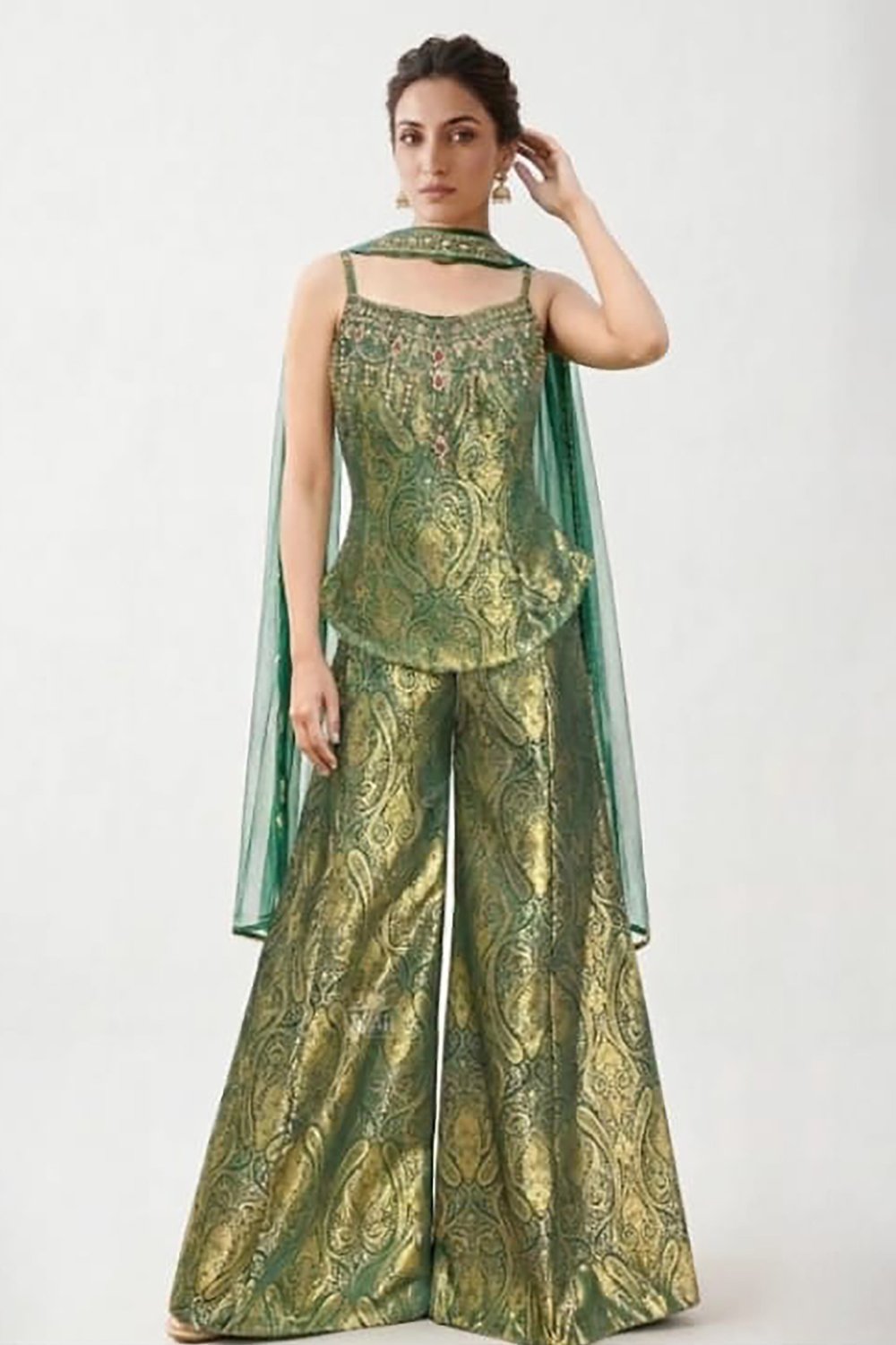 forest-green-banarasi-brocade-indo-western-palazzo-set