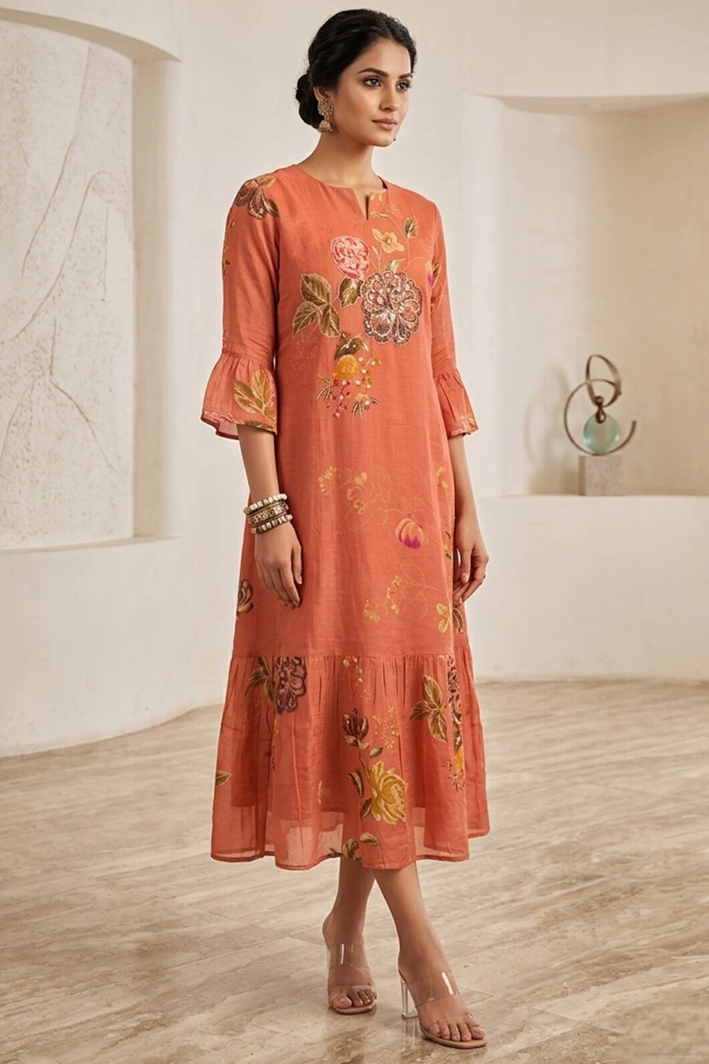 Rust Shaded Pure Georgette One- Piece Dress - Image 2