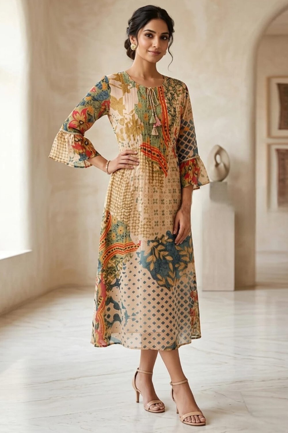 biege-shaded-pure-georgette-one-piece-dress