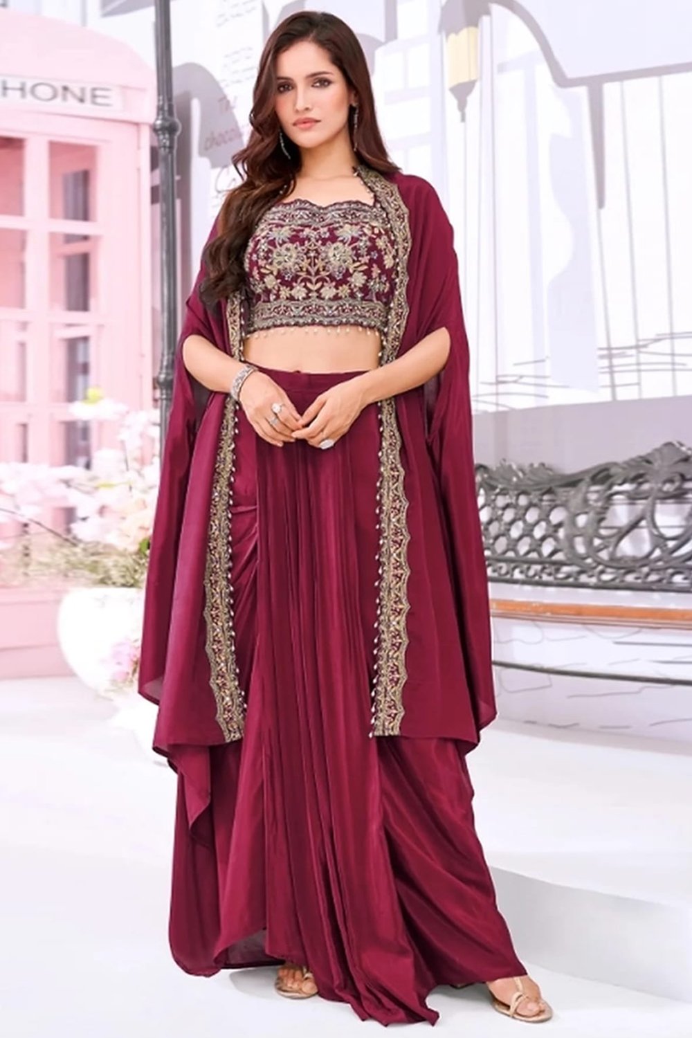 maroon-cowl-skirt-top-and-jacket-indo-western-dress
