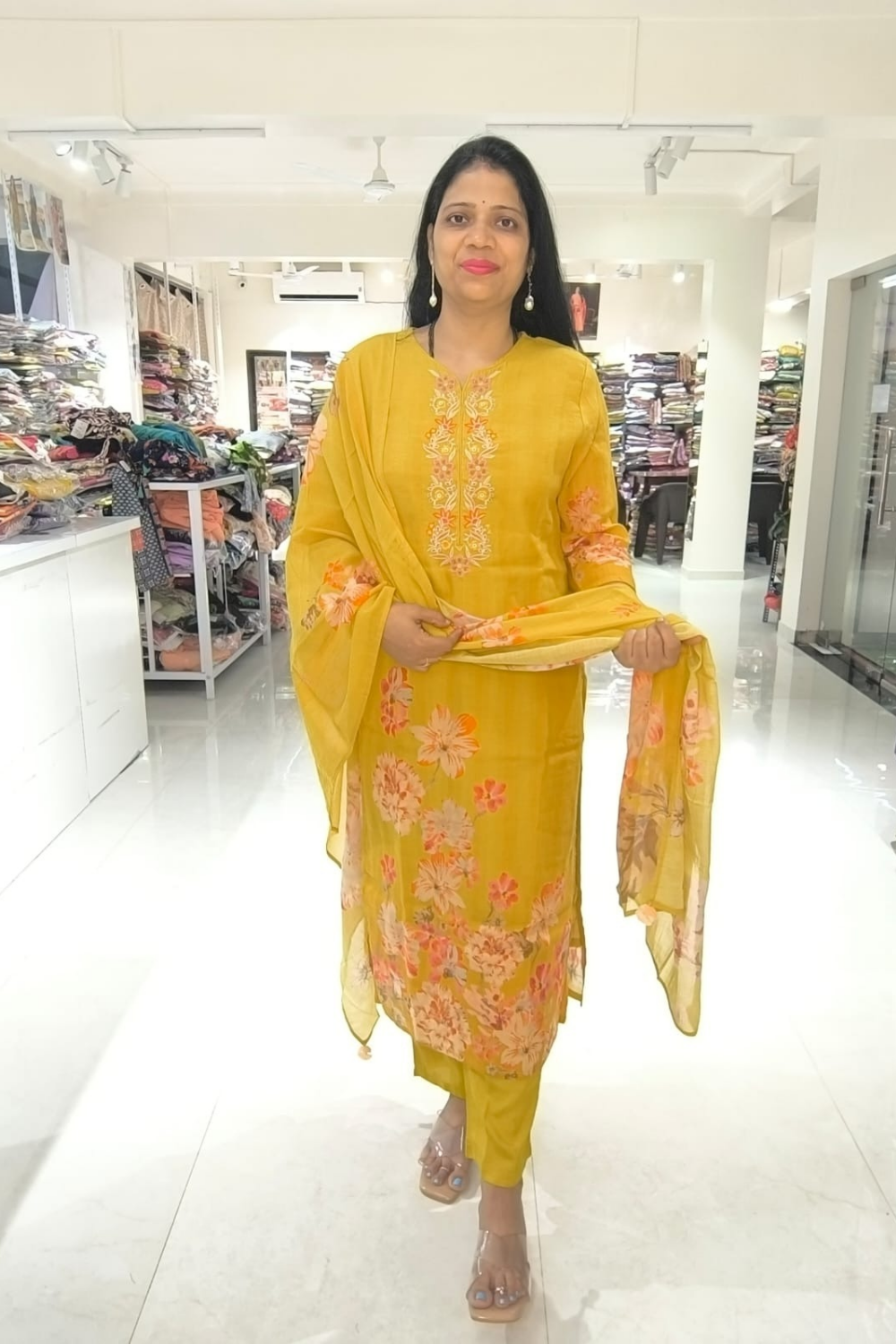 Mustard Yellow Pure Mal Cotton Floral Print Suit Set - Image 5
