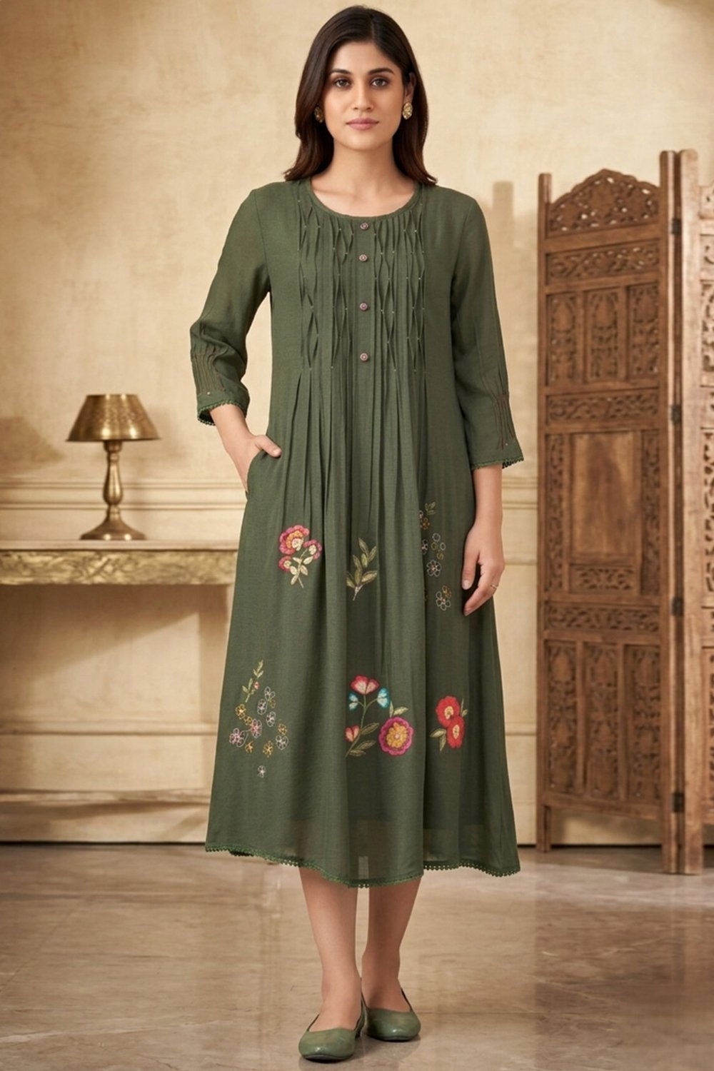 olive-shaded-linen-silk-one-piece-dress-with-thread-embroidery
