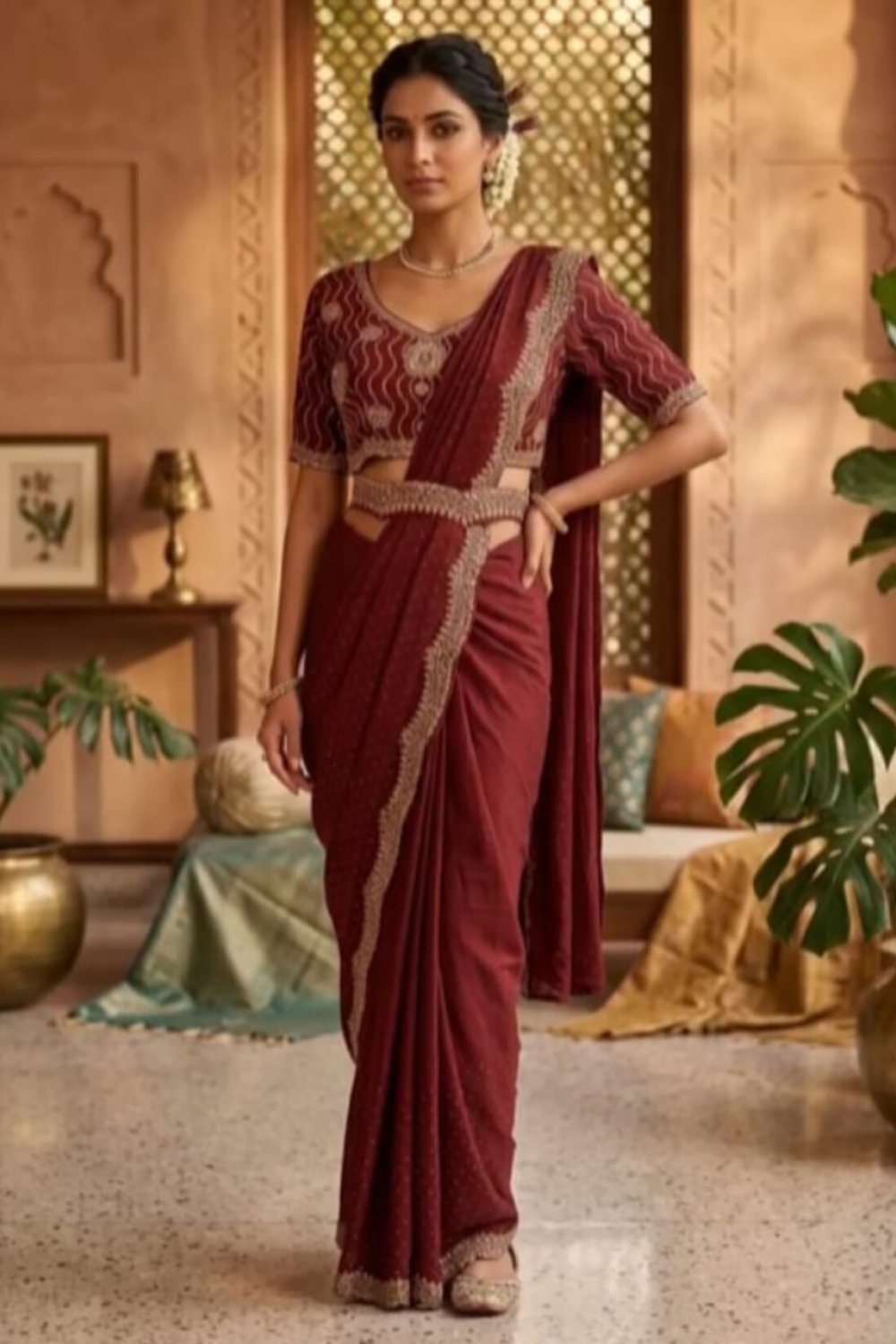 rust-color-pre-draped-saree