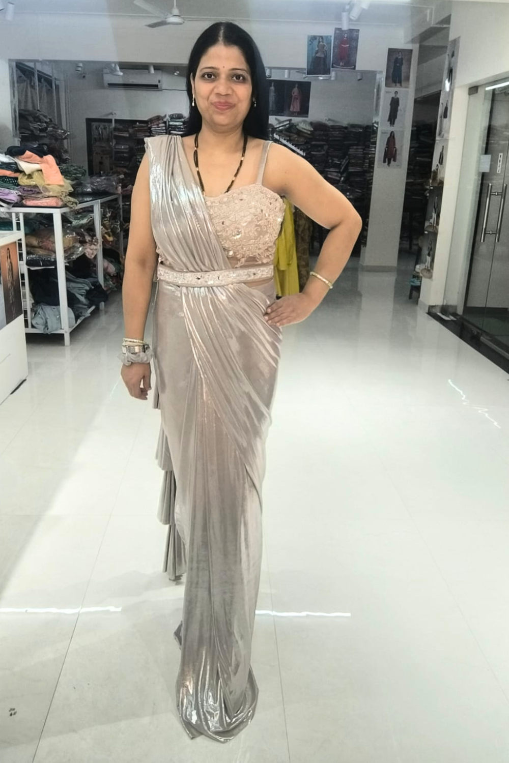 SILVER READY TO WEAR SHIMMER SAREE WITH HEAVY WORK CORSET BLOUSE - Image 2