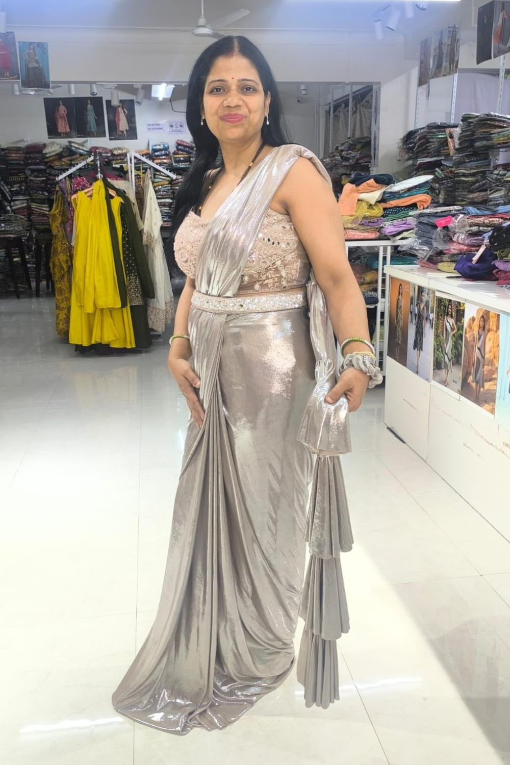 SILVER READY TO WEAR SHIMMER SAREE WITH HEAVY WORK CORSET BLOUSE - Image 3