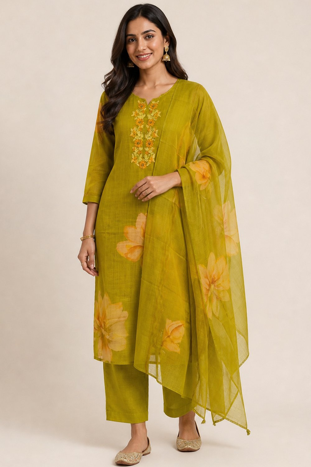 olive-green-floral-chanderi-suit-set