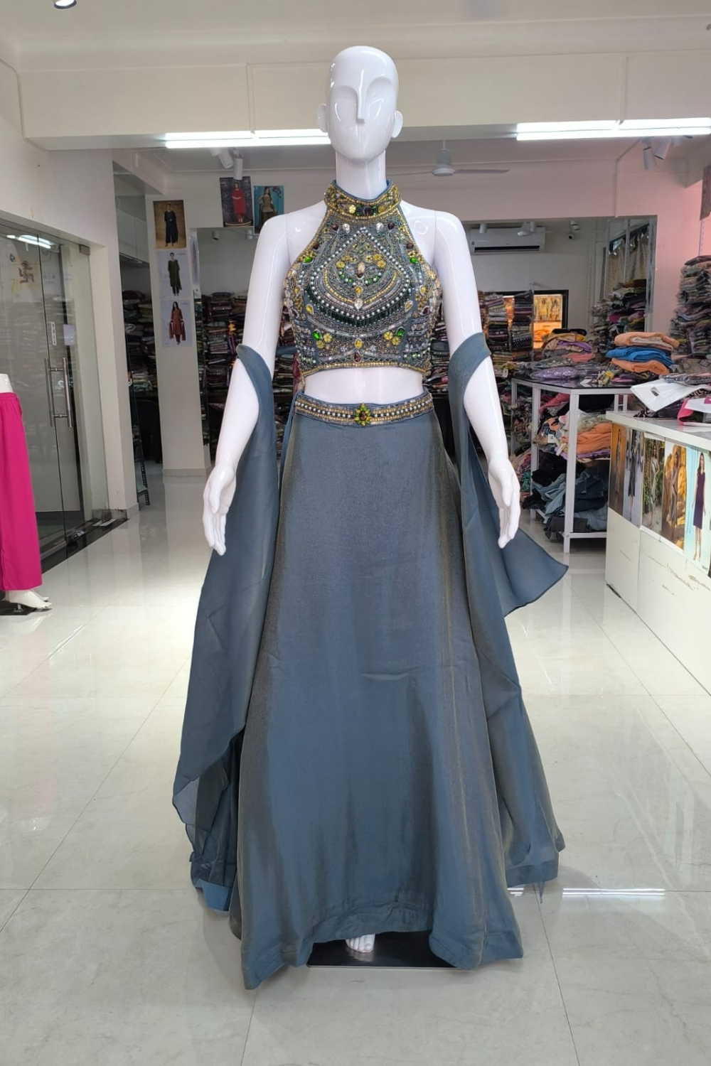 Bluish- Grey Jewelry Work Halter Neck Lehenga