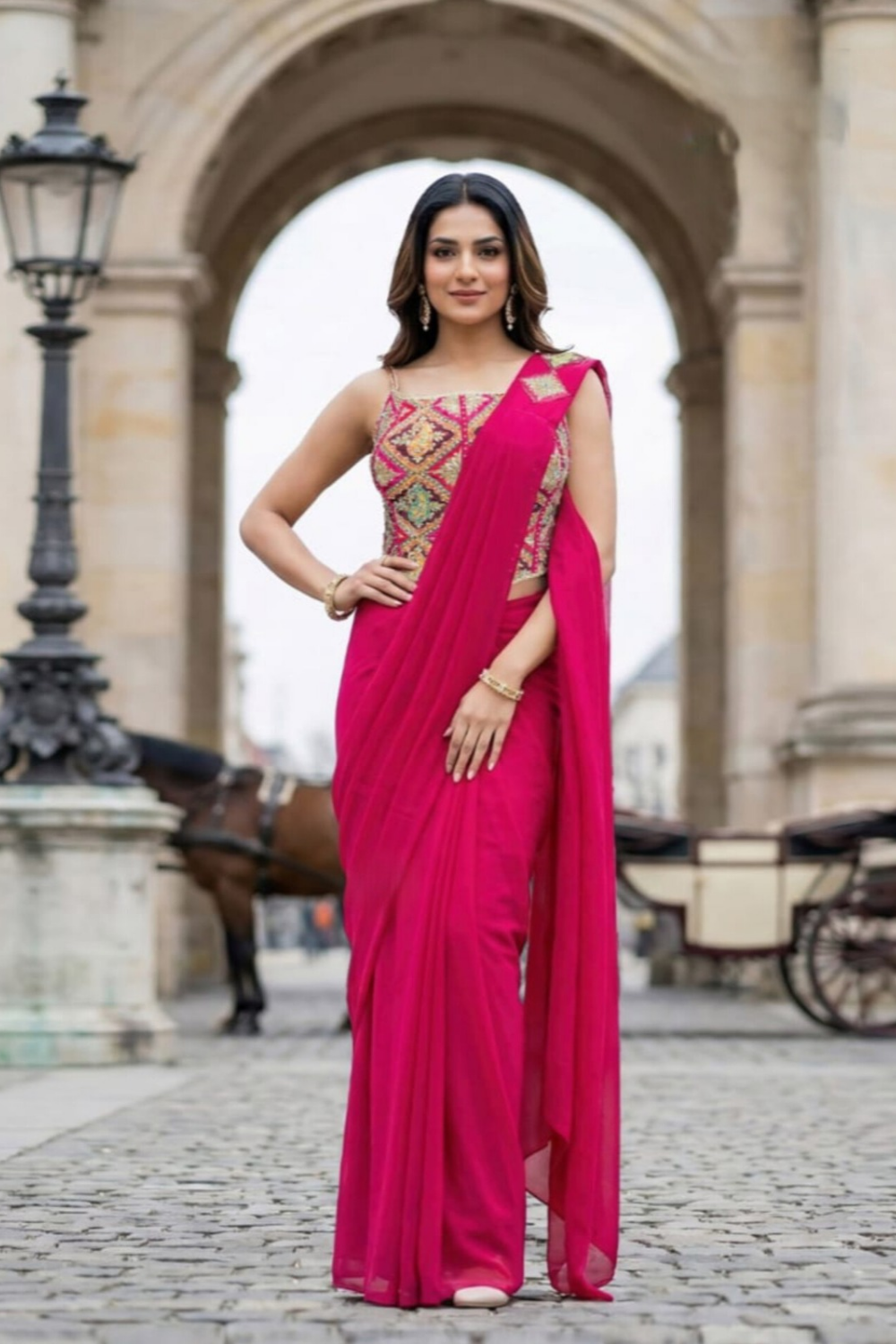 Embroidered Blouse Pink Ready to Wear Saree