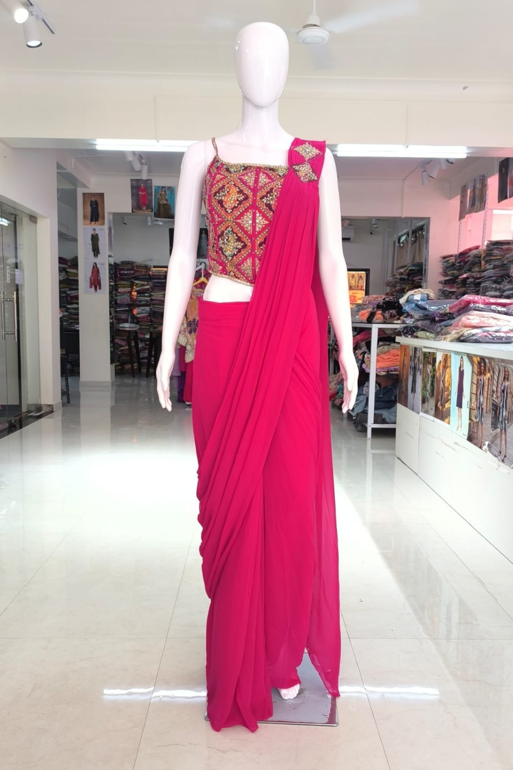 Embroidered Blouse Pink Ready to Wear Saree - Image 2