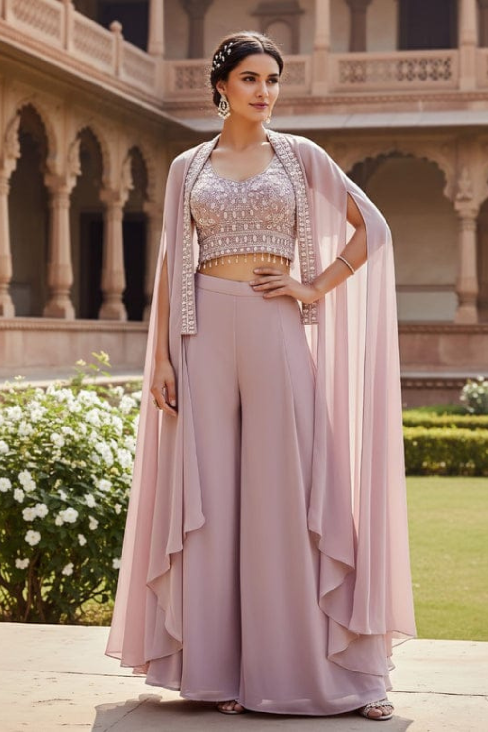 Lilac Embroidered Blouse_Sarara_Cape Jacket Set