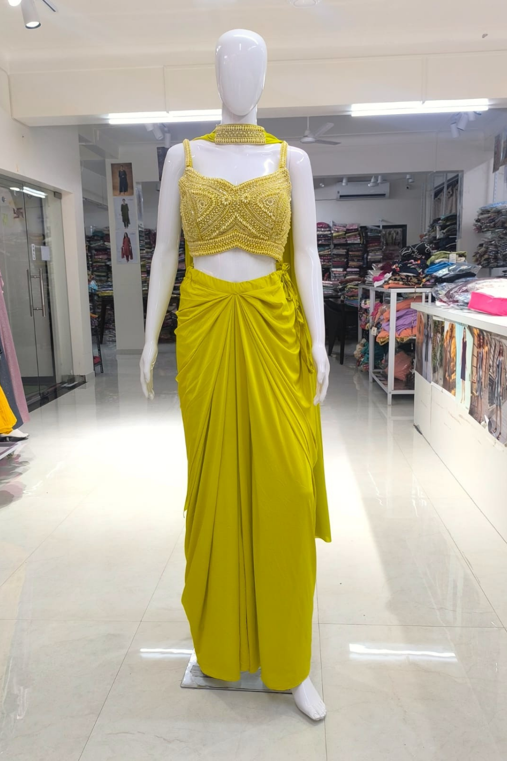 lime-yellow-indo-western-fusion-wear_-blouse-and-draped-skirt