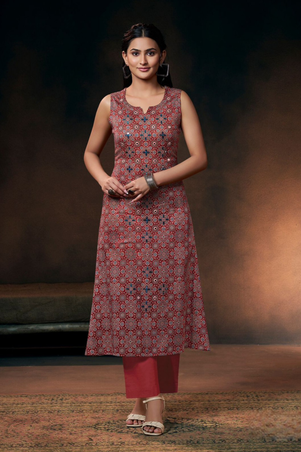 Cotton A-Line Sleeveless Kurta Set_Maroon