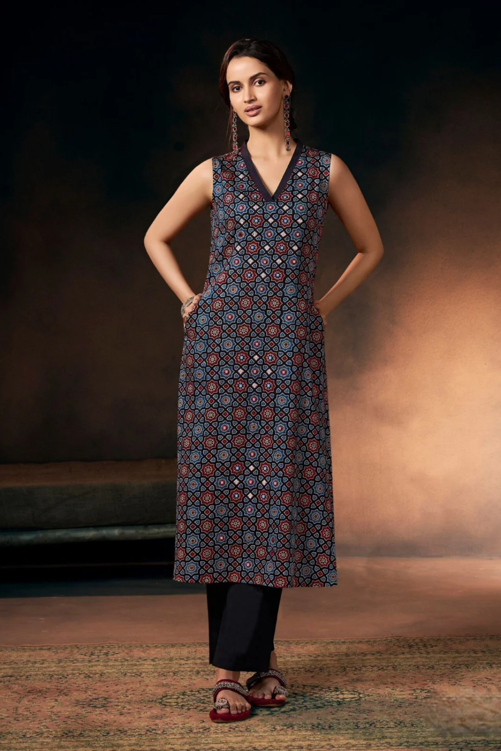 Muted Blue Geometric Print A-Line Cotton Kurta Set