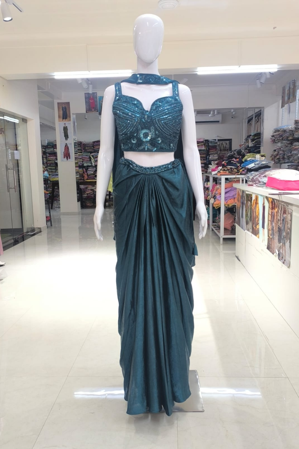 peacock-blue-ready-to-wear-saree-with-sweetheart-neckline-blouse