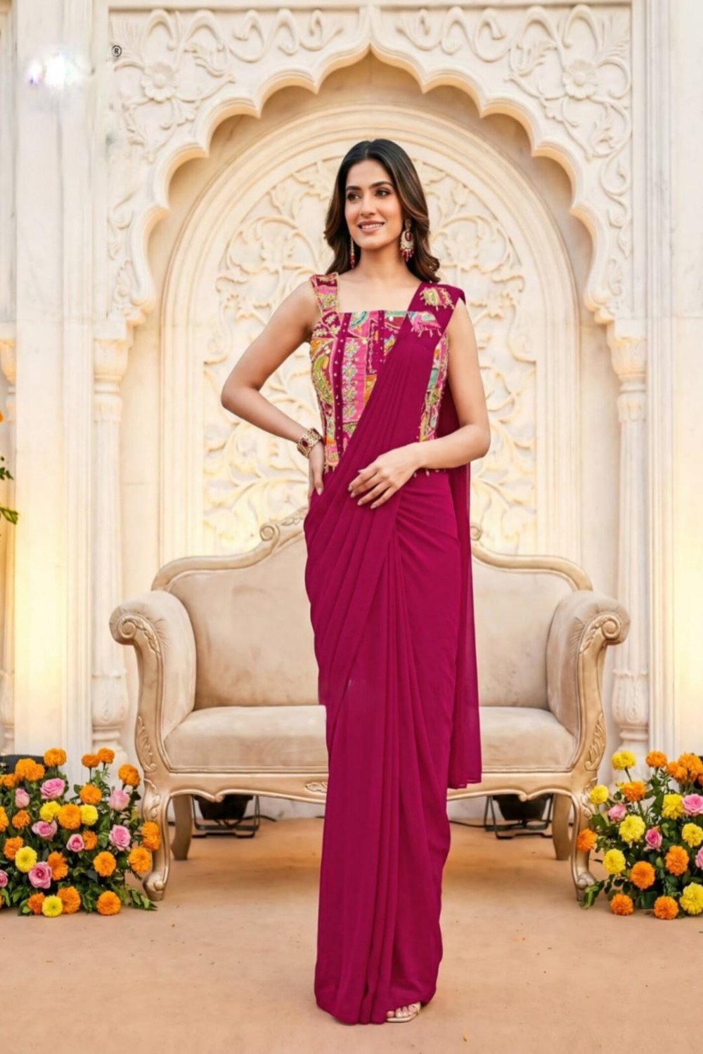 Stylish Blouse Pink Ready to Wear Saree