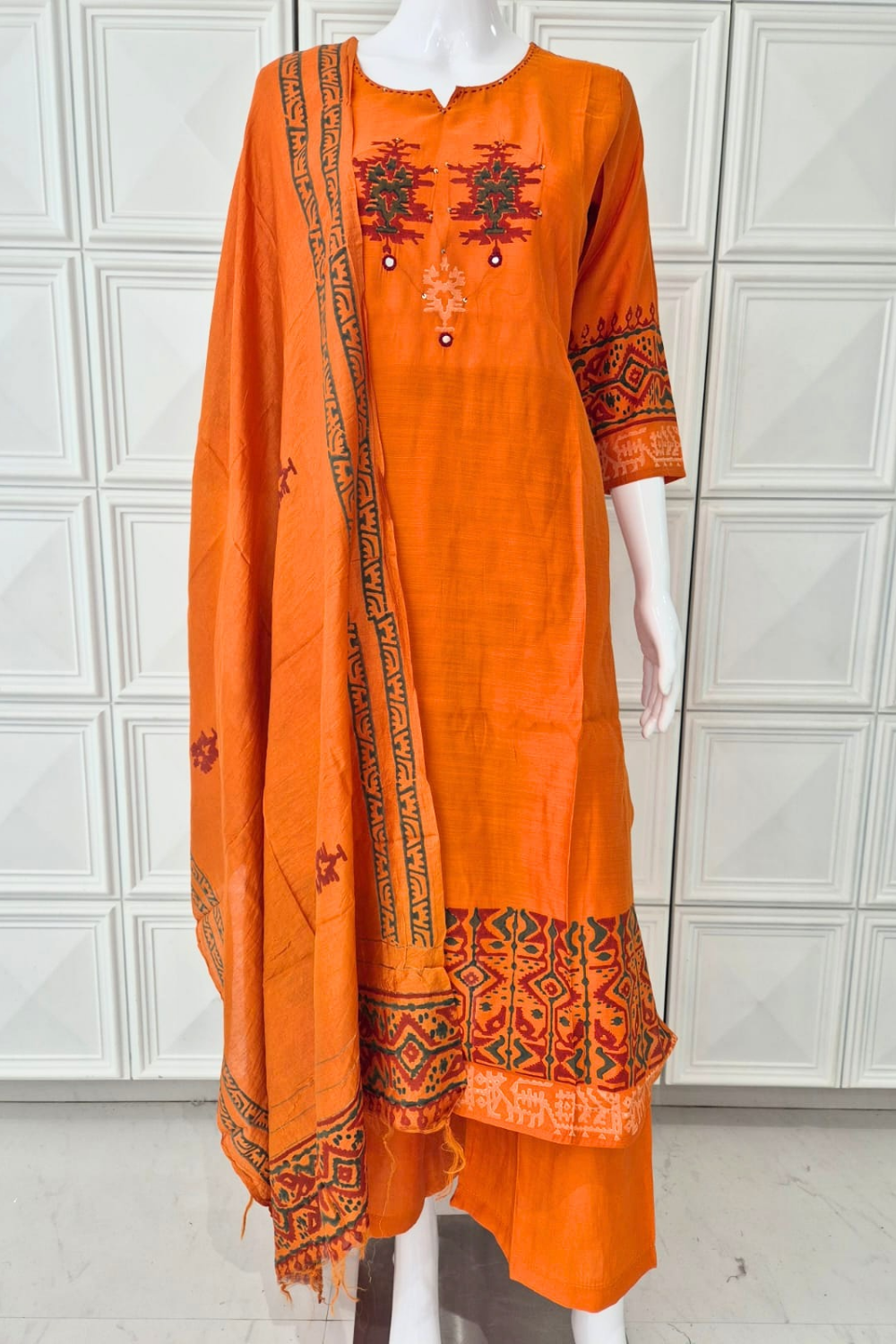 Orange Color Semi-Silk Straight Suit - Image 2