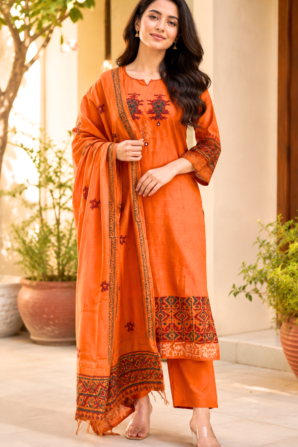 orange-color-semi-silk-straight-suit