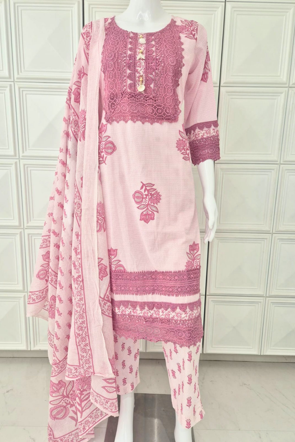 Pure Cotton Handblock print Lace Work Straight Suit