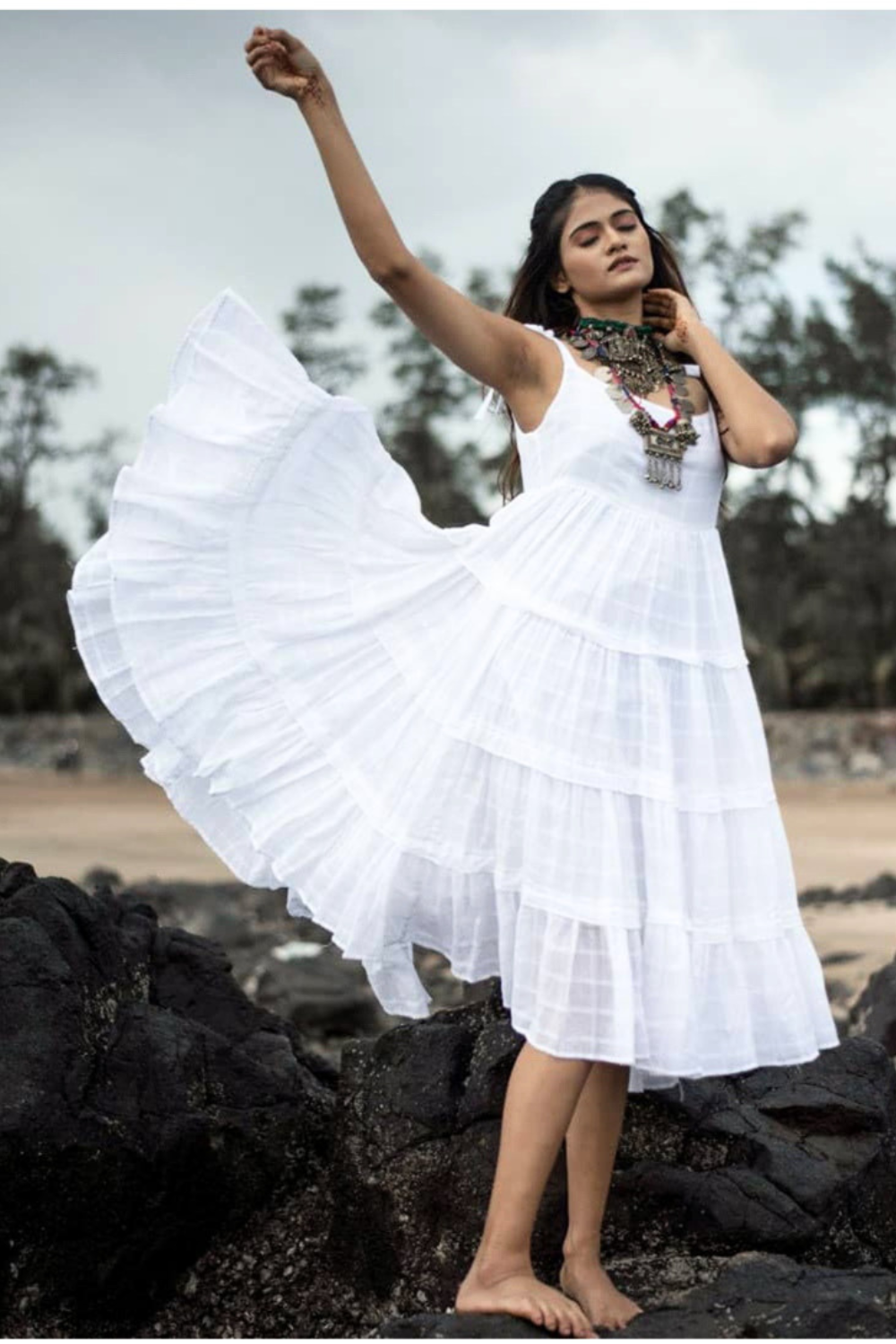 Shoulder Strap Cotton Midi Dress_White - Image 2