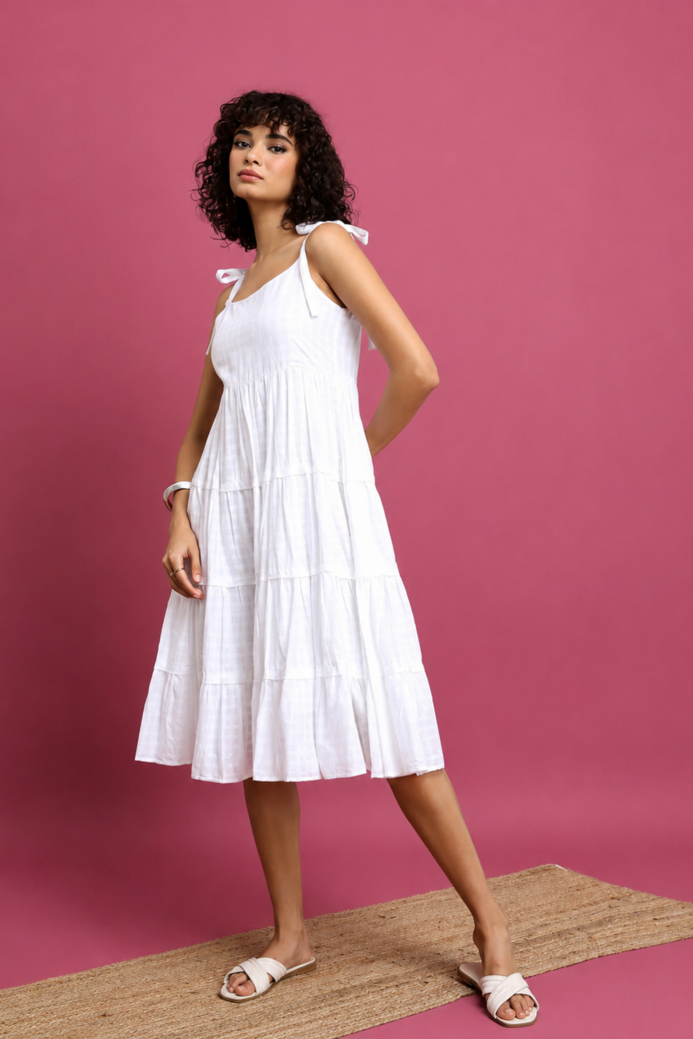 Shoulder Strap Cotton Midi Dress_White - Image 3