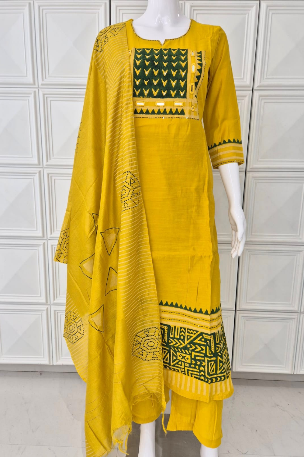 Yellow Semi-Silk Suit with Green Hand block Print - Image 2