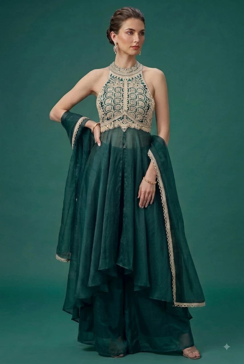 Halter Neck Teal Green Designer 3 Piece Dress