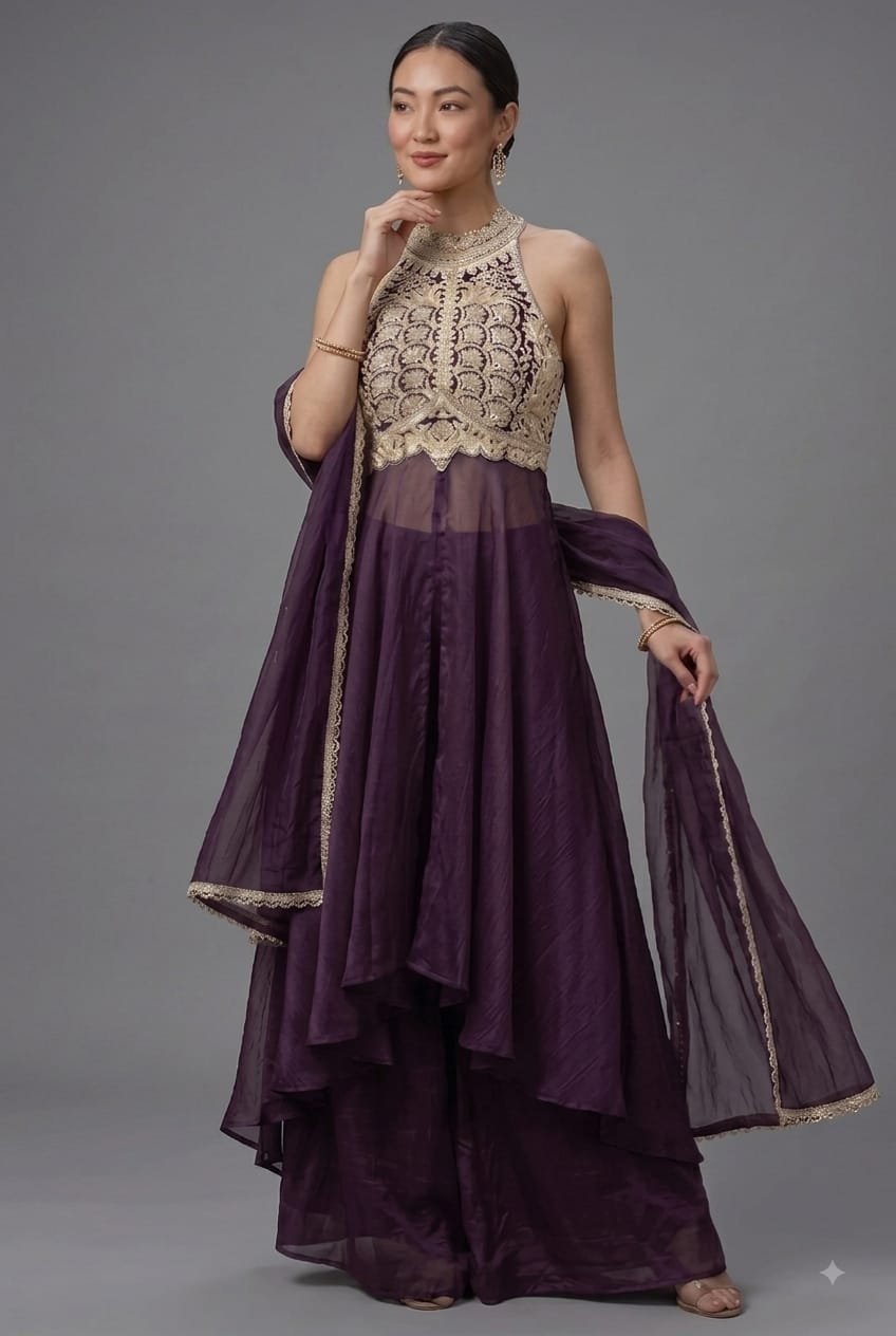 Halter Neck Purple Designer 3 Piece Dress