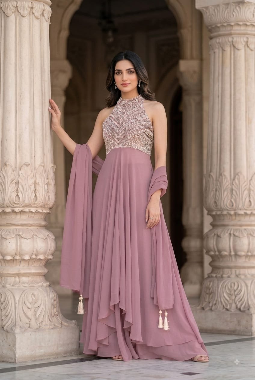 Halter Neck Dusty Rose Designer 3 Piece Dress