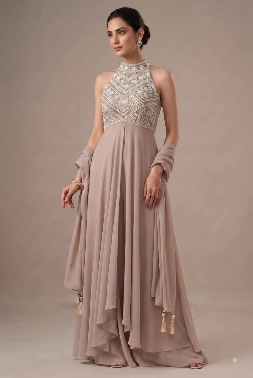 Halter Neck Blush Beige Designer 3 Piece Dress