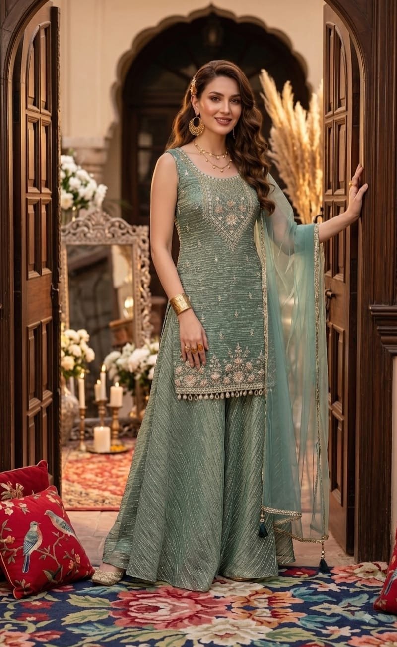 Sage Green Embroidered Sarara Suit
