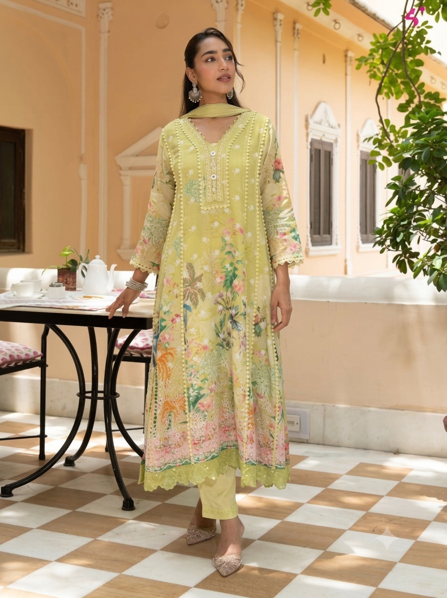 Light Green Mul Chanderi Lace Anarkali