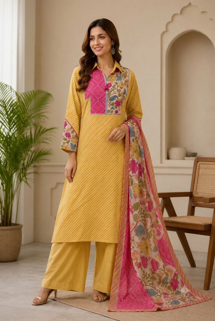 Muslin Silk 3 Piece Suit with Kalamkari Dupatta