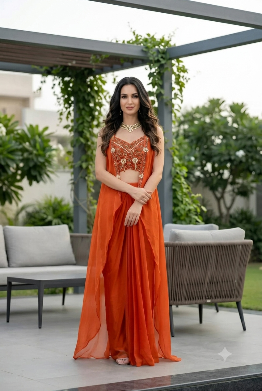Orange Skirt with Blouse and Cape