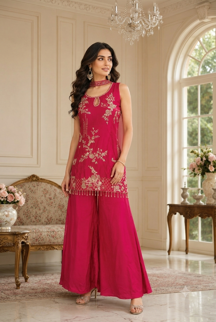 Rani Pink Embroidered Designer 3 Piece Palazzo Dress