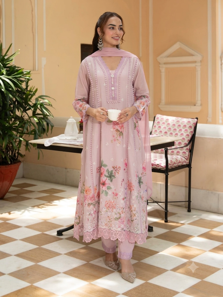 Roselle Mul Chanderi Lace Anarkali