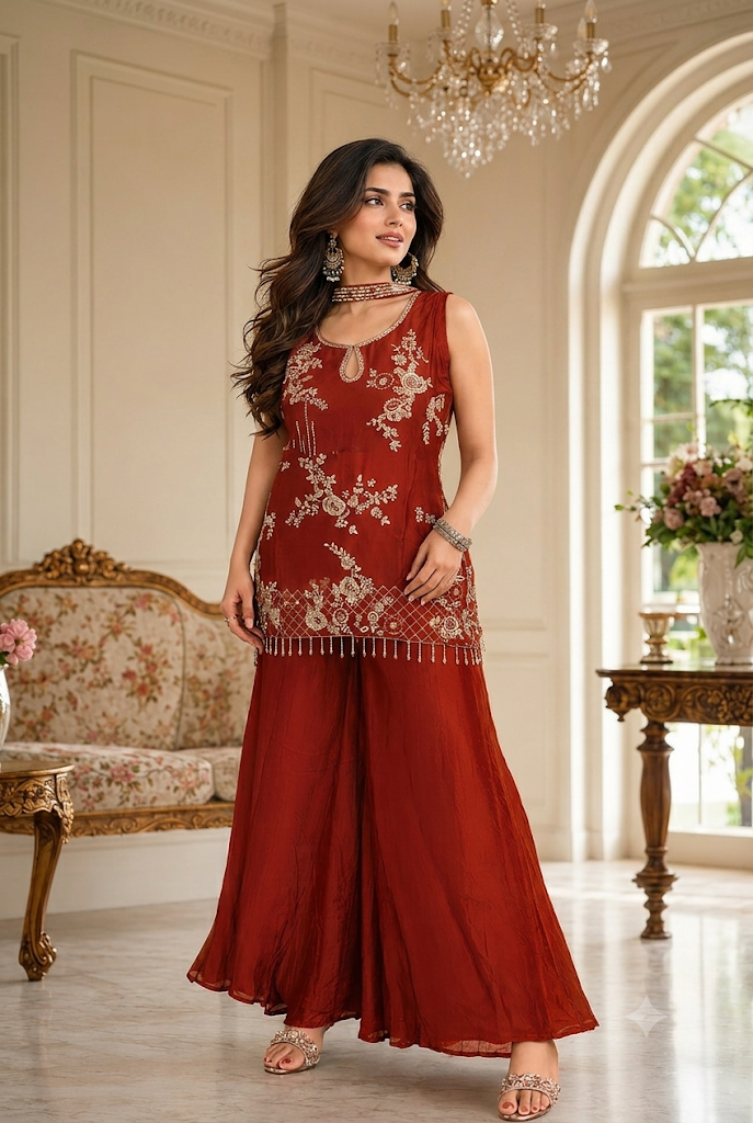 Rust Embroidered Designer 3 Piece Palazzo Dress
