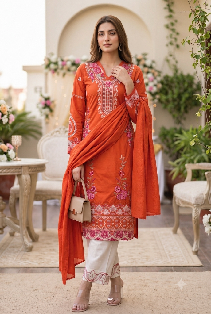 Rust Embroidered Pure Cotton 3 Piece Palazzo Suit
